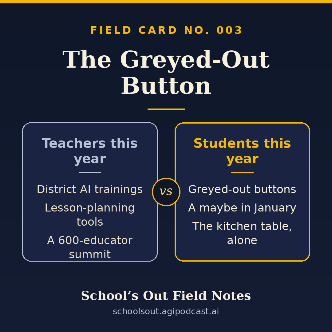 Field Card No. 003: The Greyed-Out Button. Teachers this year versus students this year.