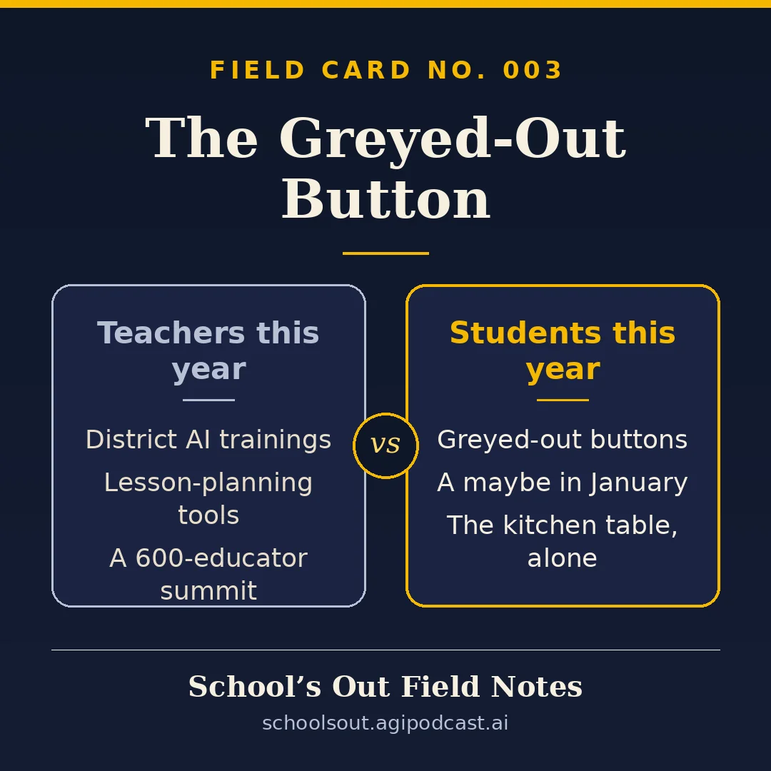 Field Card No. 003: The Greyed-Out Button. Teachers this year versus students this year.