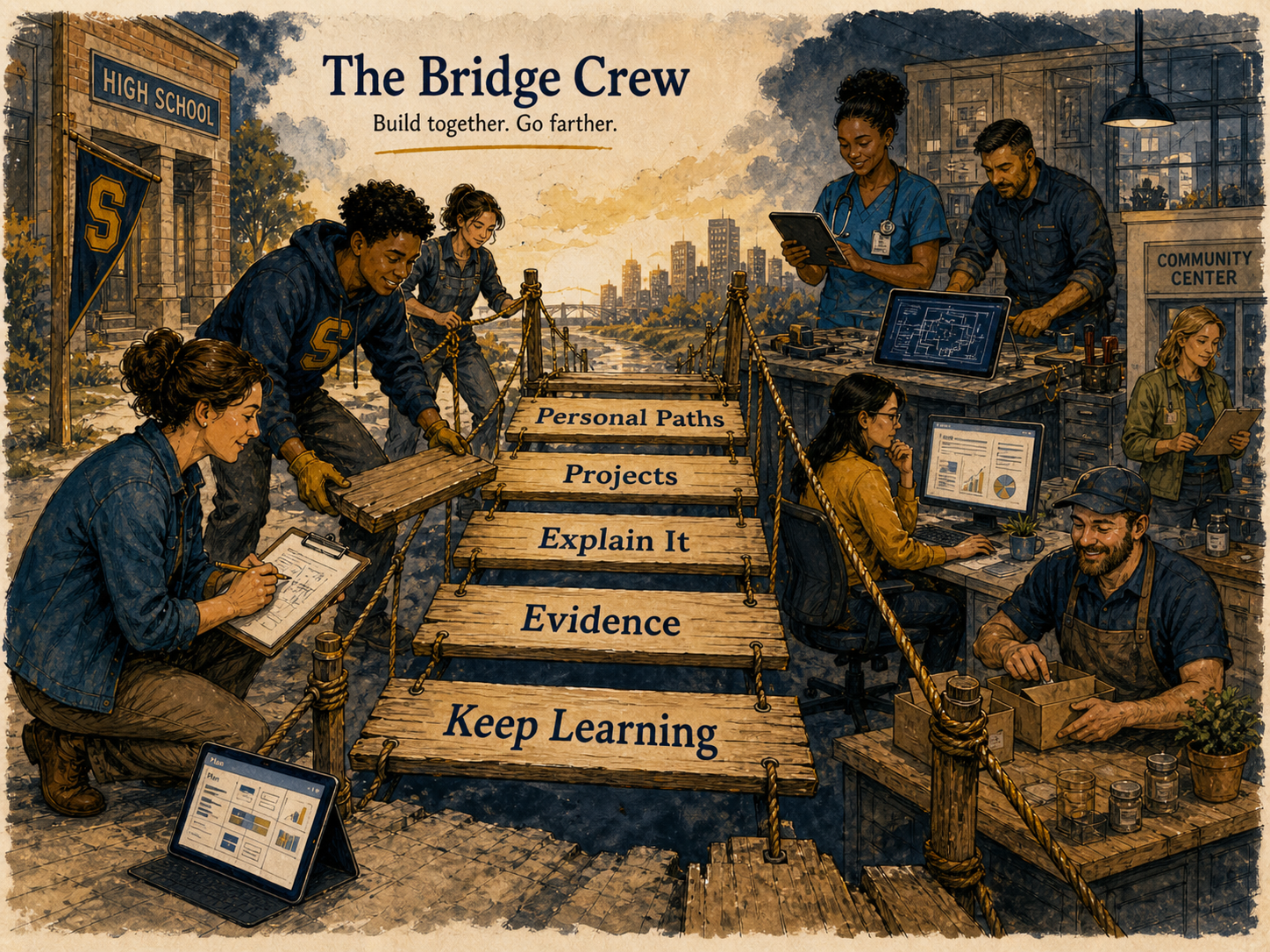 A teacher, student, and helpers work together to build a bridge from school toward the working world.