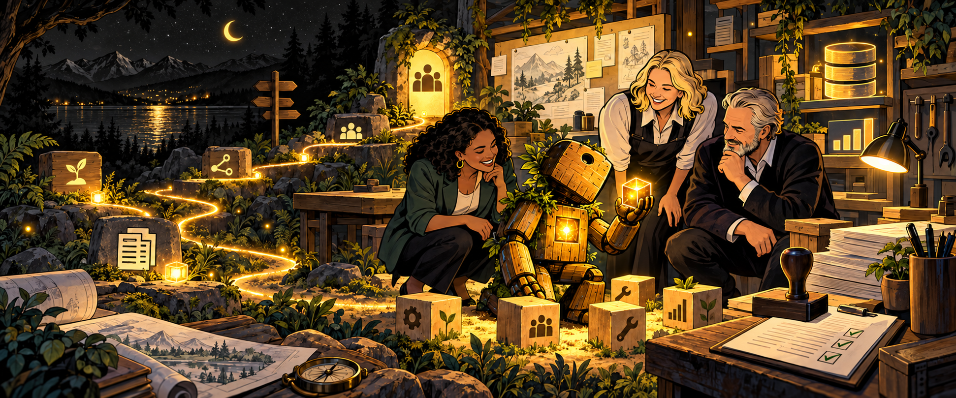 The existing No-Code CAIO illustration: people and a wooden robot working together in a warmly lit workshop.